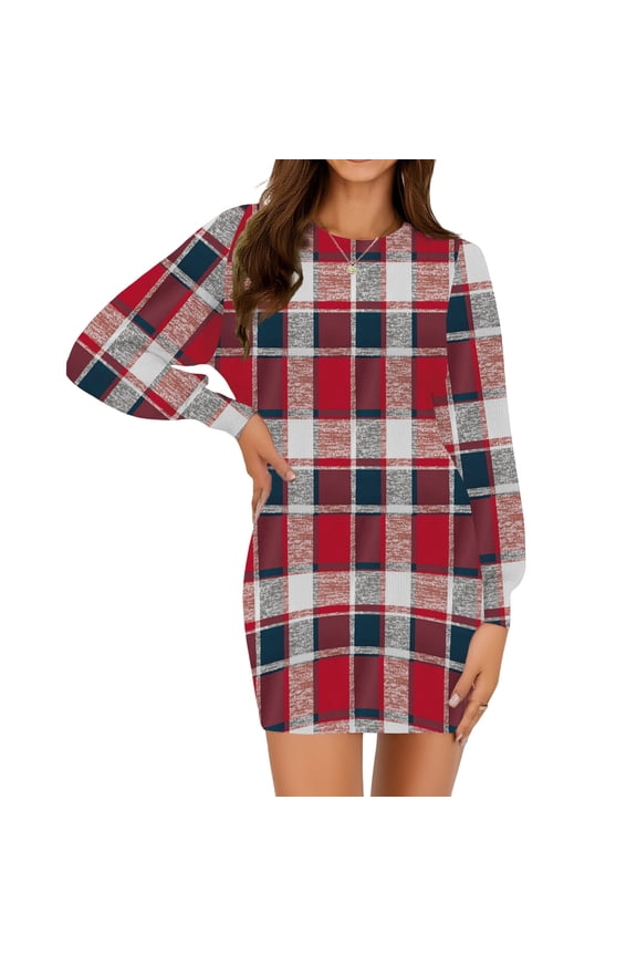 Everyday Women's Dress, Basic Long Sleeve Round Neck Style for Layering, Perfect Go-To Dress for Travel, Office Casual and Relaxing at Home. Red M