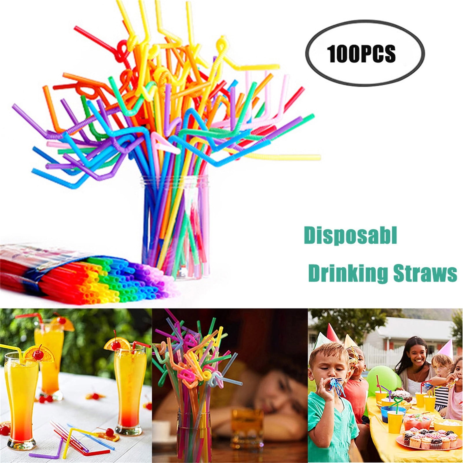 Everyday Low Price!Flexible Party Disposable Plastic Straws - Assorted Colors, 100 Pcs for Fun and Festive Beverages at Luau and Beach Parties.