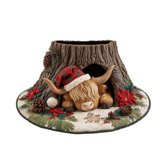 EverydayNest Christmas Cow Skirt,92cm Highland Cow Round Base Cover with Tree Stump Texture,Polyester Holiday Tree Stand Mat for Home Decor