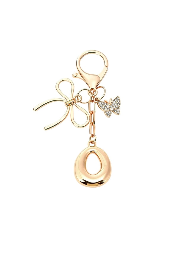 Gold Metal Initial Letter Keychain with Bow Crystal Butterfly Charm, 26 Alphabet Personalized Bag Purse Handbag Key Clip Accessory