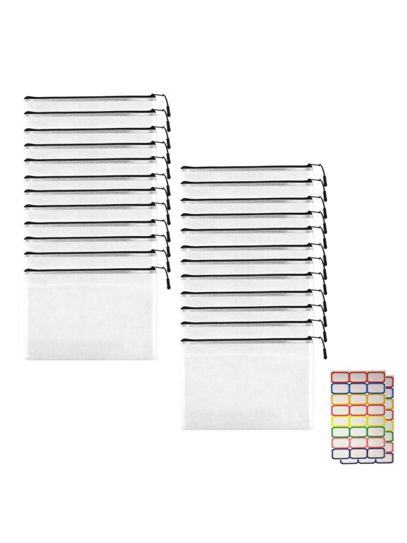 Mesh Zipper Pouch 24 Pcs,16.9x11.6in Clear Storage Bags with Black Zipper,See-Through Net Organizer for Office School Closet and Travel,Includes 2 Label Sheets