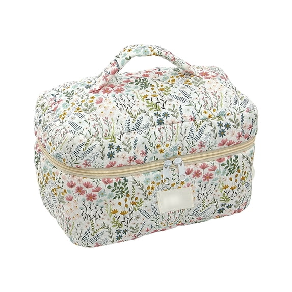 EverydayNest Quilted Makeup Bag,Large Floral Cotton Cosmetic Storage with Handle,Spacious Travel Toiletry Organizer for Skincare,9.8x6.3x6.3in