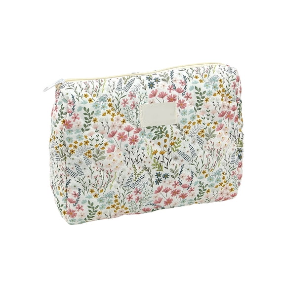 EverydayNest Quilted Makeup Bag,Medium Floral Cotton Cosmetic Organizer with Zipper, Travel Toiletry Pouch for Women,10.2x2.8x7.1in