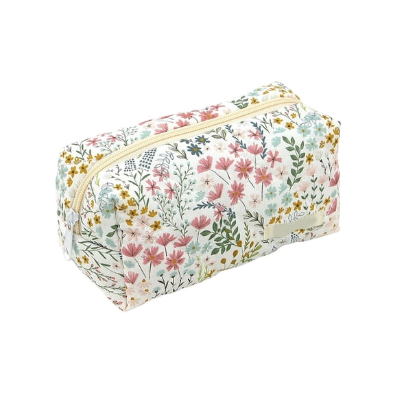 EverydayNest Quilted Makeup Bag,Small Floral Cotton Cosmetic Pouch with Zipper,Cute Travel Toiletry Organizer for Functionals,7.5x3.2x2.4in