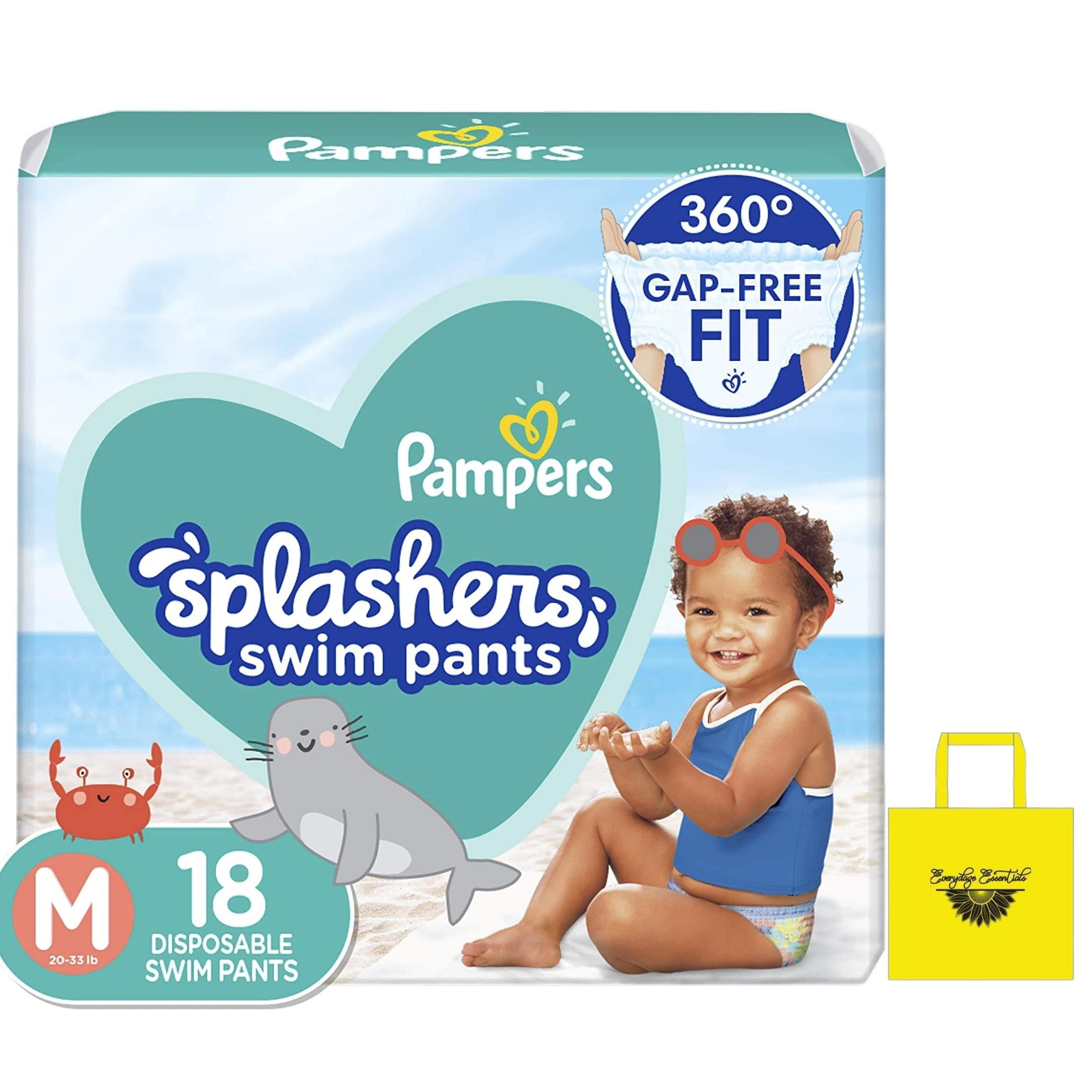 Everydaze Essentials Pampers Splashers Swim Diapers Size M, 18-Count Pack  Infant Diaper 360 Degree Gap-Free Fit Waistband Dual Leak-Guard Barriers  Swimwear-Style Beach Pool Characters & Bonus Tote Bag 