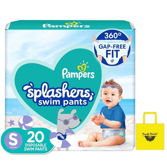 Everydaze Essentials Splashers Swim Diapers Size S, 20-Count Pack of 1 - Infant Diaper 360 Degree Gap-Free Fit Waistband Dual Leak-Guard Barriers Swimwear-Style Beach Pool Characters & Bonus Tote Bag