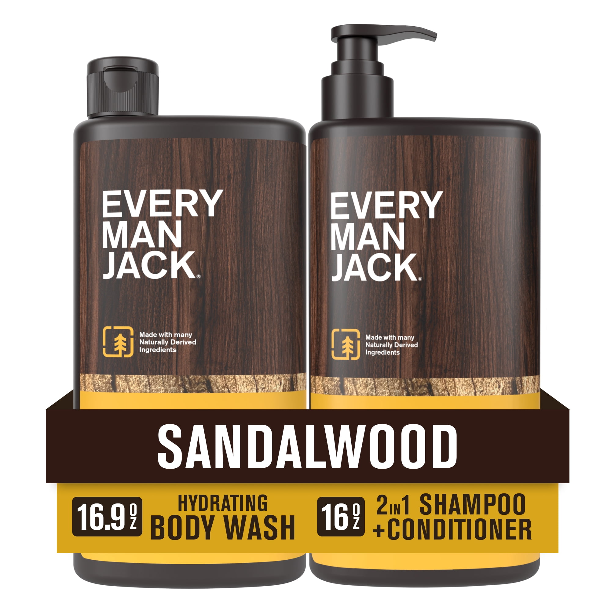 Every Man Jack Sandalwood Hydrating Body Wash 16.9 fl. oz + 16 fl. oz Daily 2-in-1 Shampoo and Conditioner for Men, Naturally Derived, Bundle