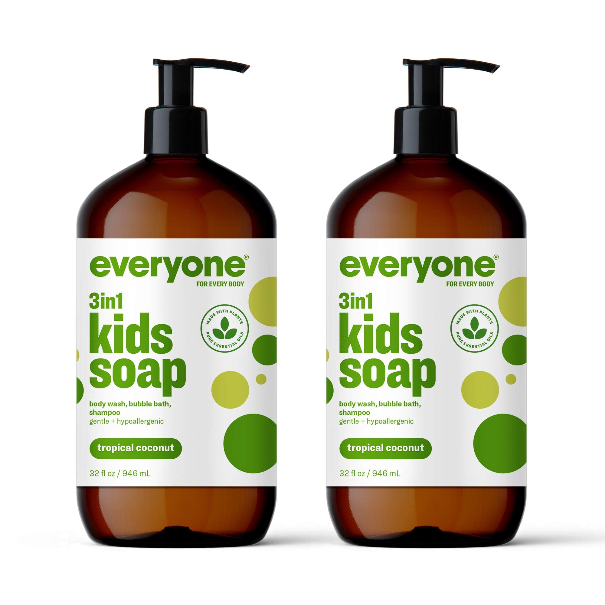 Everyone 3-in-1 Kids Soap, VTF5&nbsp;Body Wash, Bubble Bath, Shampoo, 32 Ounce (Pack of 2), Tropical Coconut Twist, Coconut Cleanser with Plant Extracts and Pure Essential Oils