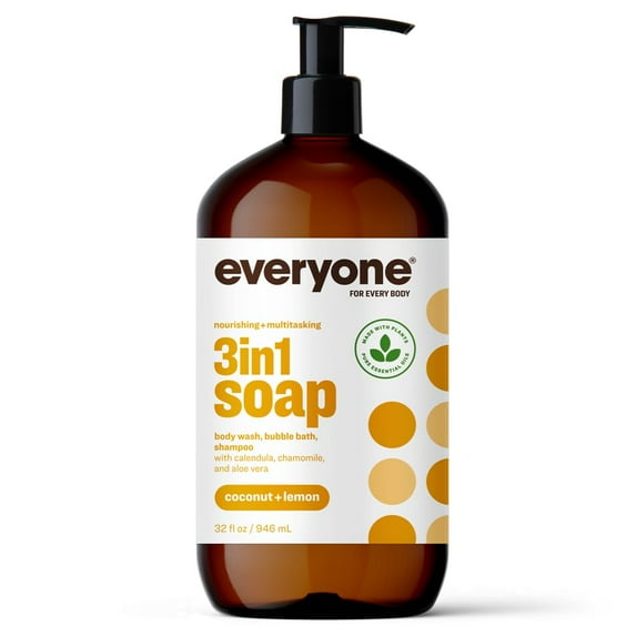 Everyone 3-in-1 Soap, Body Wash, Bubble Bath, Shampoo, 32 Ounce (Pack of 1), Coconut and Lemon, Coconut Cleanser with Organic Plant Extracts and Pure Essential Oils HYZ01