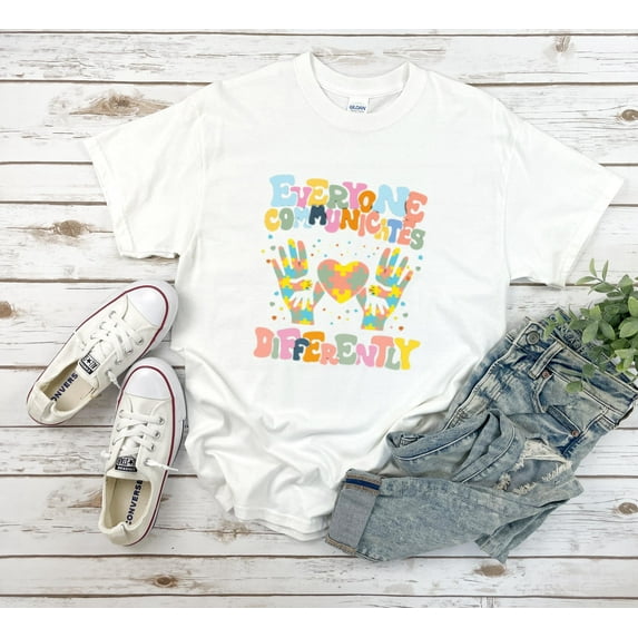 Everyone Communicates Differently Autism Teacher Month Unisex T-Shirt