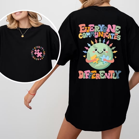 Everyone Communicates Differently Phrase Graphic Tees Autism Awareness Print T Shirts Short Sleeve Casual Tops for Daily Outfits Black,L