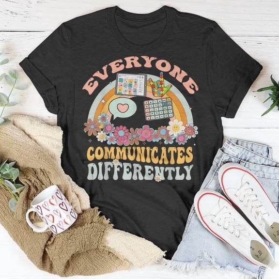 Everyone Communicates Differently Tee Speech Therapy Quote Cotton T Shirt Unisex Adult Fit Inspirational Graphic Gift for Therapists or SLP Professionals, Size 2XL, Color Black