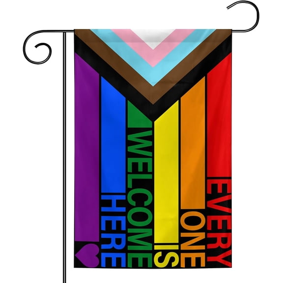 Everyone Is Welcome Here Rainbow Garden Flag 12 x 18 Inch Double Sided Pride Gay Garden Flag for Yard Lawn Events Party Indoor And Outdoor Decoration