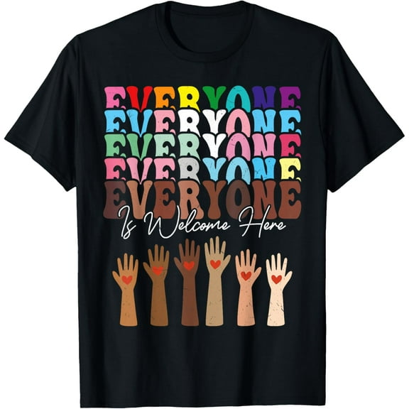 Everyone Is Welcome Here Retro Groovy Diversity Teachers T-Shirt100% cotton