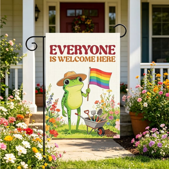 Everyone Is Welcome Rainbow Floral Frog Garden Flag, Spring Pride Month Lawn Patio Decor, Thanksgiving Christmas Gift