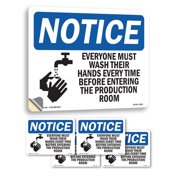 Everyone Must Wash Their Hands With Symbol OSHA Notice Vinyl Decal Label 5 Inch x 3.5 Inch - 5 Pack