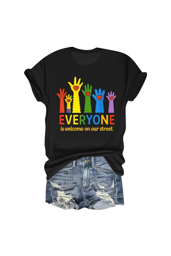 Everyone is Welcome on Our Street T-Shirt – Colorful Hands Design – Community Spirit – Ideal for Neighborhood Gatherings