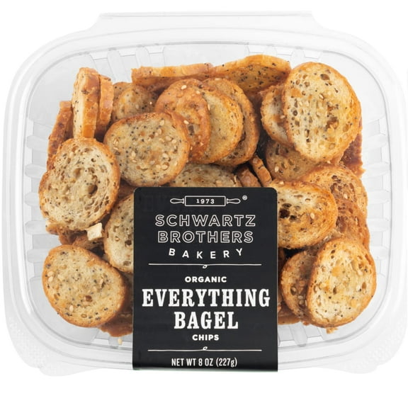 Everything Bagel Chips NY YYF14 Style Bagel Crisps. Vegan, Kosher. From the artisans of Schwartz Brothers Bakery. Baked Fresh. Twice Baked. 8 ounce container. Great Snack. Delicious. Pack of 2.