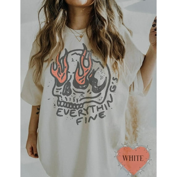 Everything Is Fine Shirt Skull Comfort Colors T-Shirt, Boho Vintage Tee, Trendy Graphic Shirt, Skull Rebel Rock n Roll Grunge Edgy Outfit Boho Hippie,white color,size 2XL