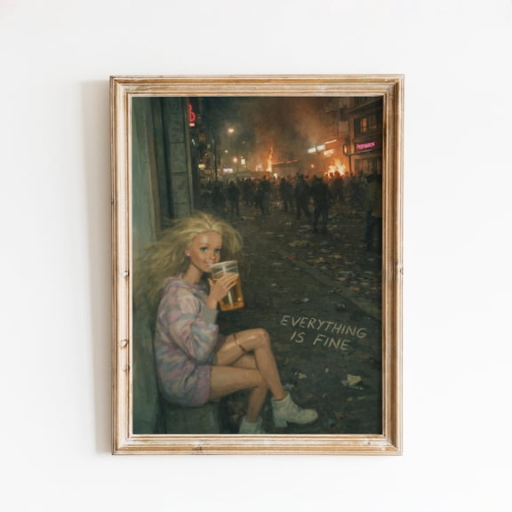 Everything Is Fine Dark Humor Wall Art – Ironic Chaos Poster Vintage Style, Poster Only