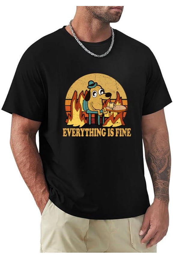 Everything Is Fine Dog Burning Meme Funny Internet Culture T-shirt, for men & women, up to size 5XL.