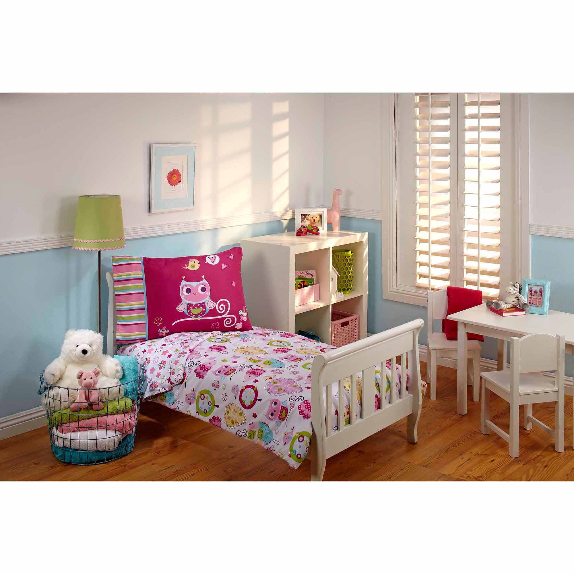 Everything Kids Hoot Hoot Pink, Aqua and Green 4 Piece Toddler Bed Set