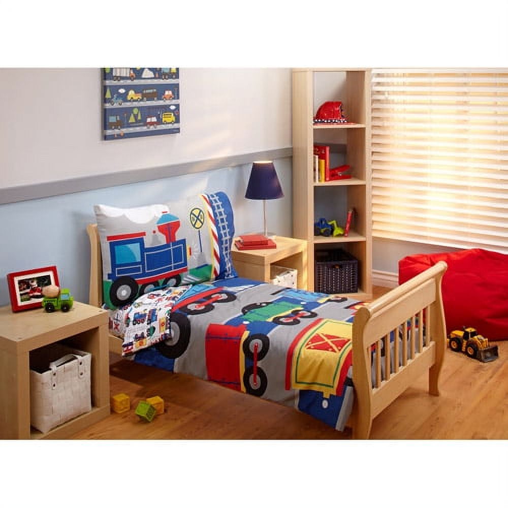 Everything Kids Trains 4 Piece Toddler Bed Set, Comforter Pillowcase, Top Sheet, Fitted Sheet, Boy