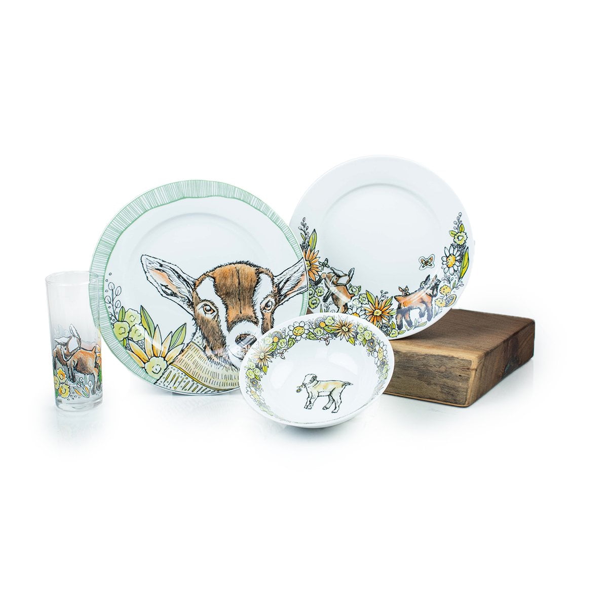 Everything Kitchens "Caprine Caper" Baby Goat Dinnerware Set + Glasses