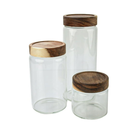 Everything Kitchens Modern Essentials 3-Piece Glass Storage Set with Acacia Wood Lids | 0.5 L, 1.0 L, & 1.5 L