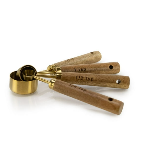 Everything Kitchens Modern Essentials Gold Measuring Spoons with Wood Handles | Set of 4
