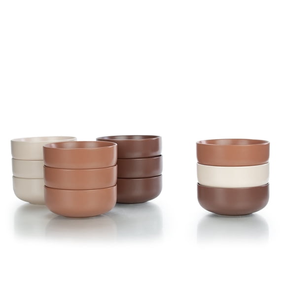 Everything Kitchens Modern Flat 12-Piece Bowl Set | Brown, Terracotta & Soft Pink