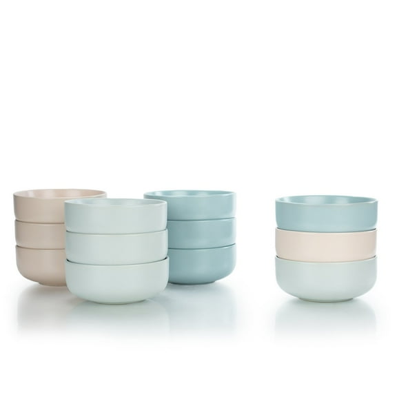 Everything Kitchens Modern Flat 12-Piece Bowl Set | Soft Pink, Dusty Blue & Stone Gray
