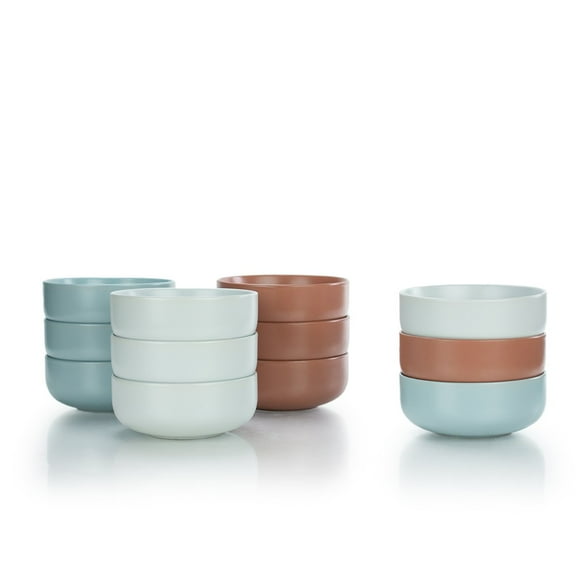 Everything Kitchens Modern Flat 12-Piece Bowl Set | Stone Gray, Dusty Blue & Terracotta