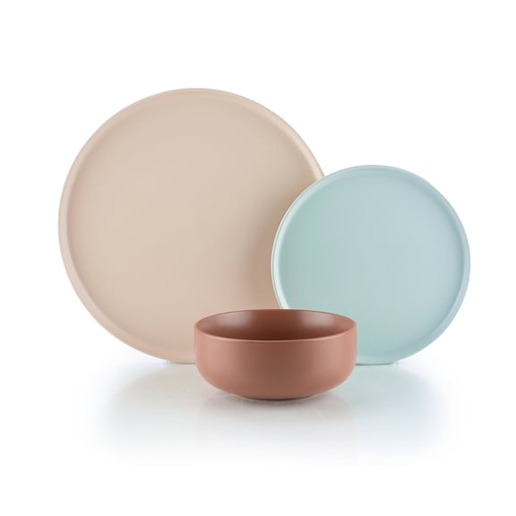 Everything Kitchens Modern Flat 12-Piece Dinnerware Set | Soft Pink, Dusty Blue, Terracotta