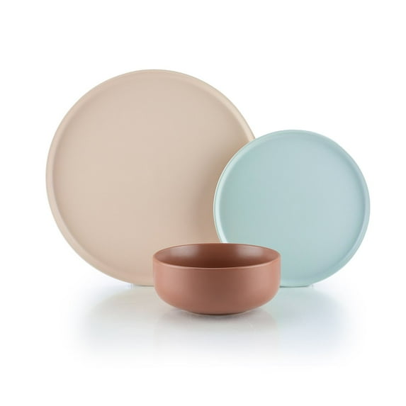 Everything Kitchens Modern Flat 12-Piece Dinnerware Set | Soft Pink, Dusty Blue, Terracotta
