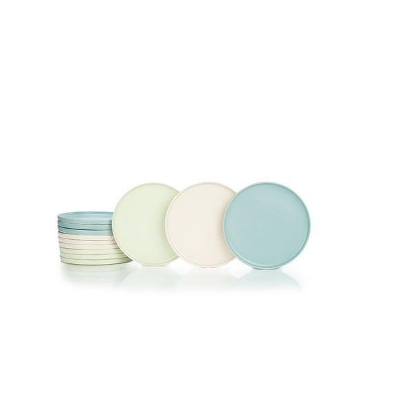 Everything Kitchens Modern Flat 12-Piece Lunch Plate Set | Dusty Blue, Beige & Soft Pink