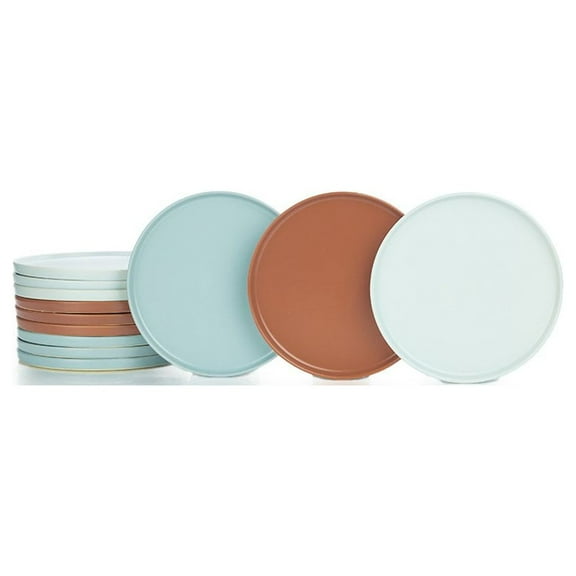 Everything Kitchens Modern Flat 12-Piece Lunch Plate Set | Stone Gray, Dusty Blue & Terracotta