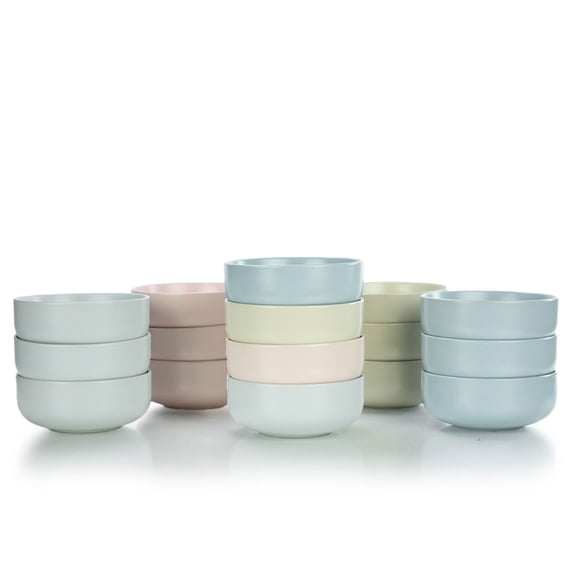 Everything Kitchens Modern Flat 16-Piece Bowl Set | Soft Pink, Dusty Blue, Beige & Stone Gray