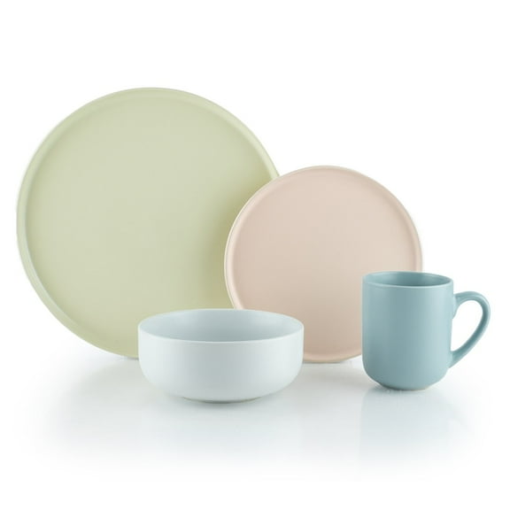 Everything Kitchens Modern Flat 16-Piece Dinnerware Set | Beige, Soft Pink, Stone Gray, Dusty Blue