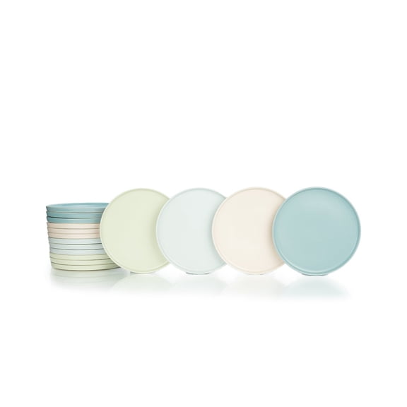 Everything Kitchens Modern Flat 16-Piece Lunch Plate Set | Soft Pink, Dusty Blue, Beige & Stone Gray