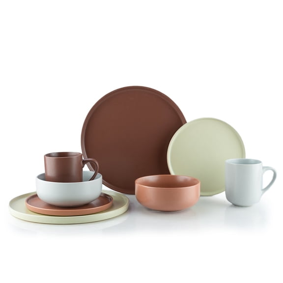 Everything Kitchens Modern Flat 32-Piece Dinnerware Set | Beige, Terracotta, Stone Gray, Brown