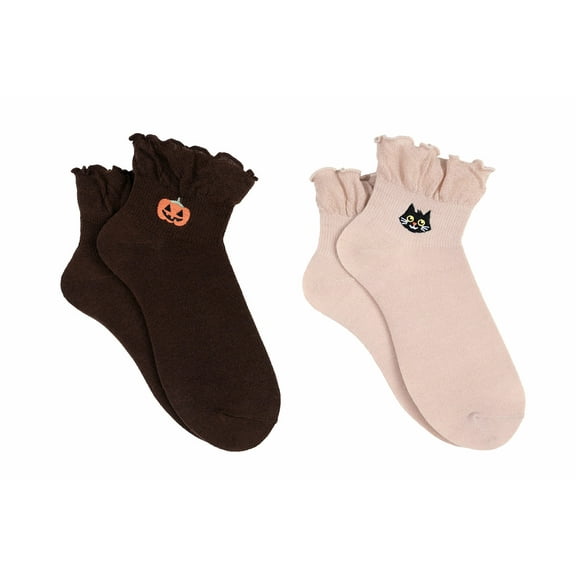 Everything Legwear Halloween Pumpkin & Cat Ruffle Anklet Socks