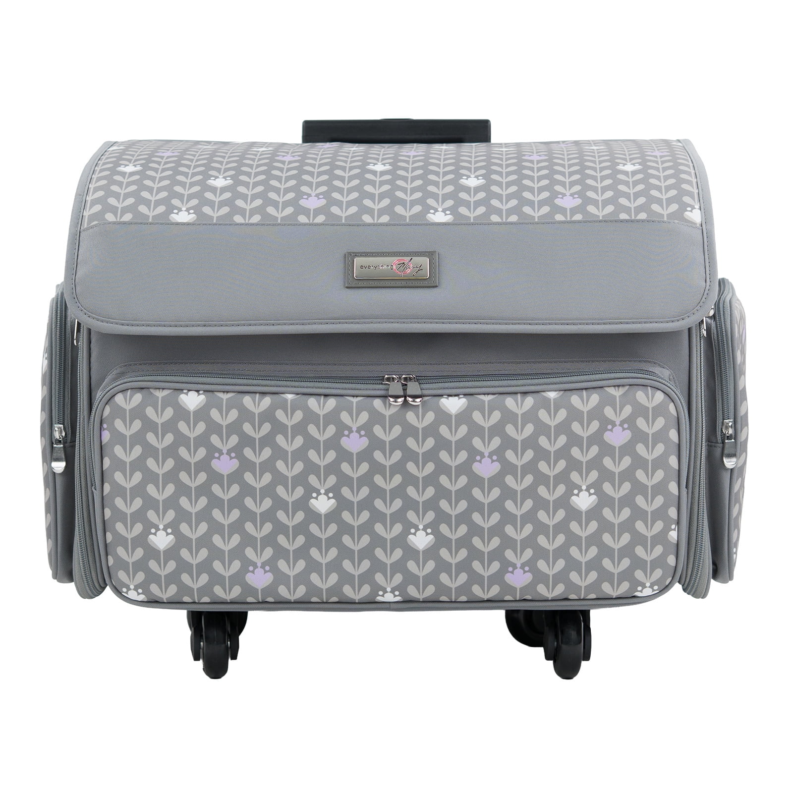 XL 4 Wheel Collapsible Deluxe Rolling Sewing Machine Storage Case, Purple Floral