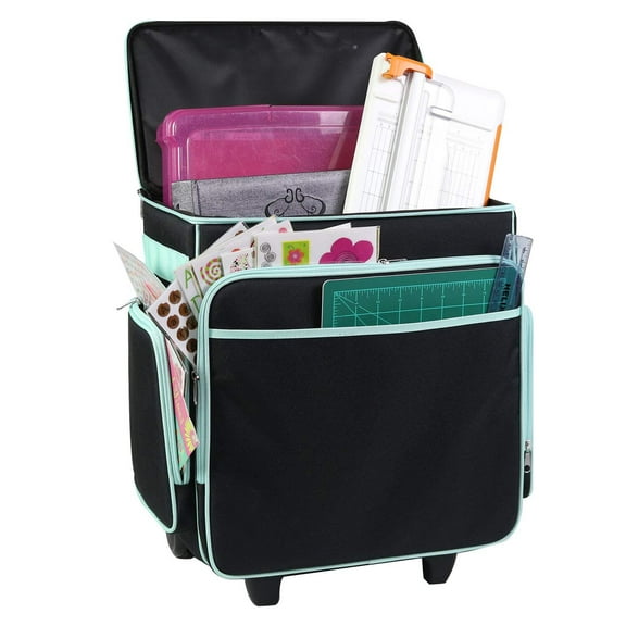 Everything Mary Rolling Scrapbook Case Black Teal Craft Organizer with Telescoping Handle Wheels Portable Storage for Scrapbooking, Sewing, Art DIY Supplies