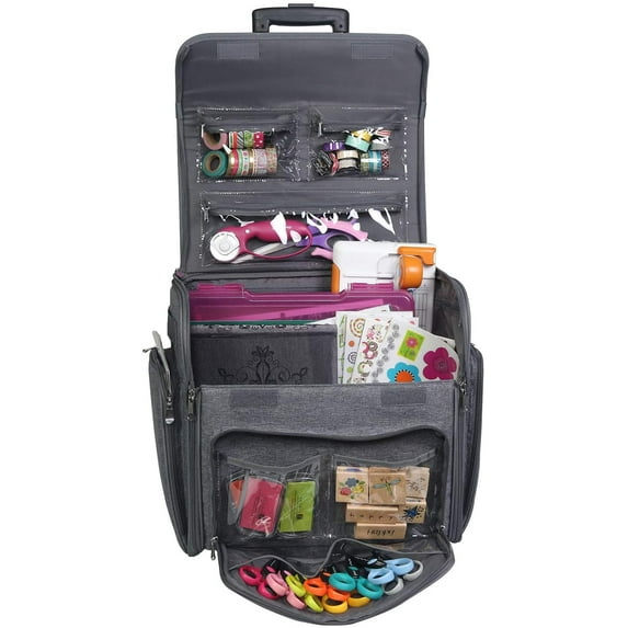 Everything Mary Deluxe Collapsible Rolling Craft Case - Heather Scrapbook Tote with Wheels for Travel & IRIS Box Storage