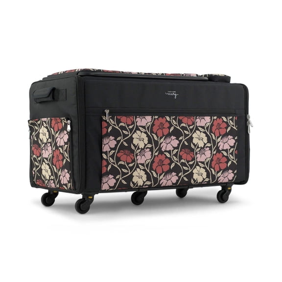 Everything Mary Jumbo Rolling Sewing Machine Case with 5 Wheels in Red Tan Floral Extra-Large Padded Craft Storage Tote for Travel Classes