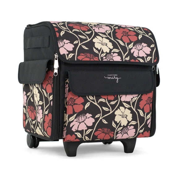 Everything Mary Rolling Serger Tote with Wheels, Red & Tan Floral Serger Machine Case with Securing Strap for Travel & Classes