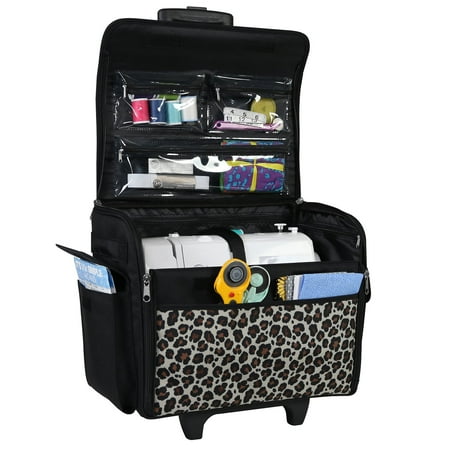 Everything Mary Rolling Sewing Machine Storage and Transport Tote, Leopard Print with Wheels