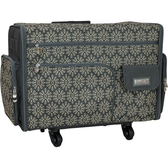 Everything Mary Flat Top XL 4 Wheel Collapsible Rolling Sewing Machine Storage Case, Tan Floral
