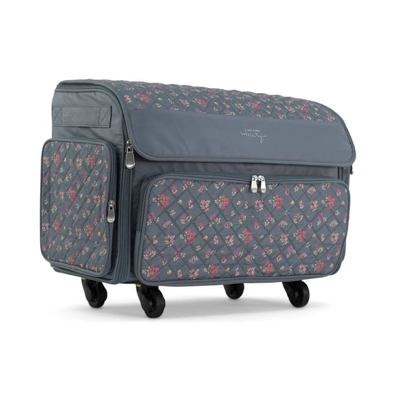 Everything Mary XL Rolling Sewing Machine Case with Wheels, Grey Quilted Floral Sewing Machine Tote for Travel, Classes & Quilting